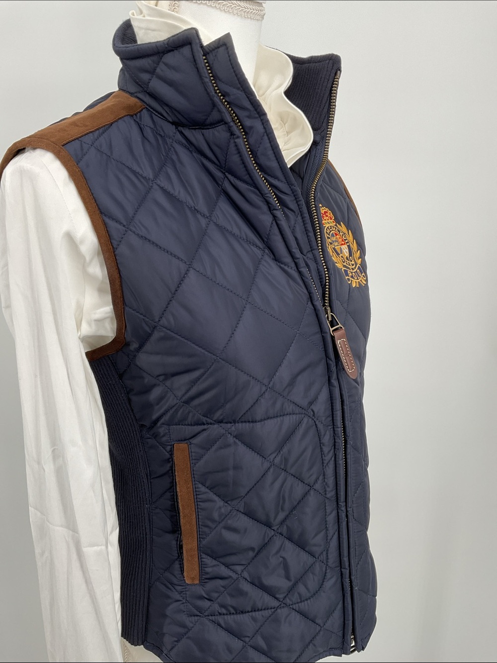 Polo Ralph Lauren Crest Quilted Vest Navy Lamb Suede Trim Equestrian Size Small - Picture 3 of 16